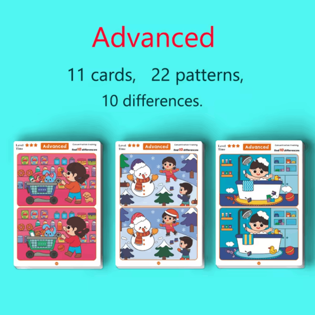 TibaToes™ Find the Difference Cards: Reusable Concentration Training Game for Toddlers & Kids (3 Levels)