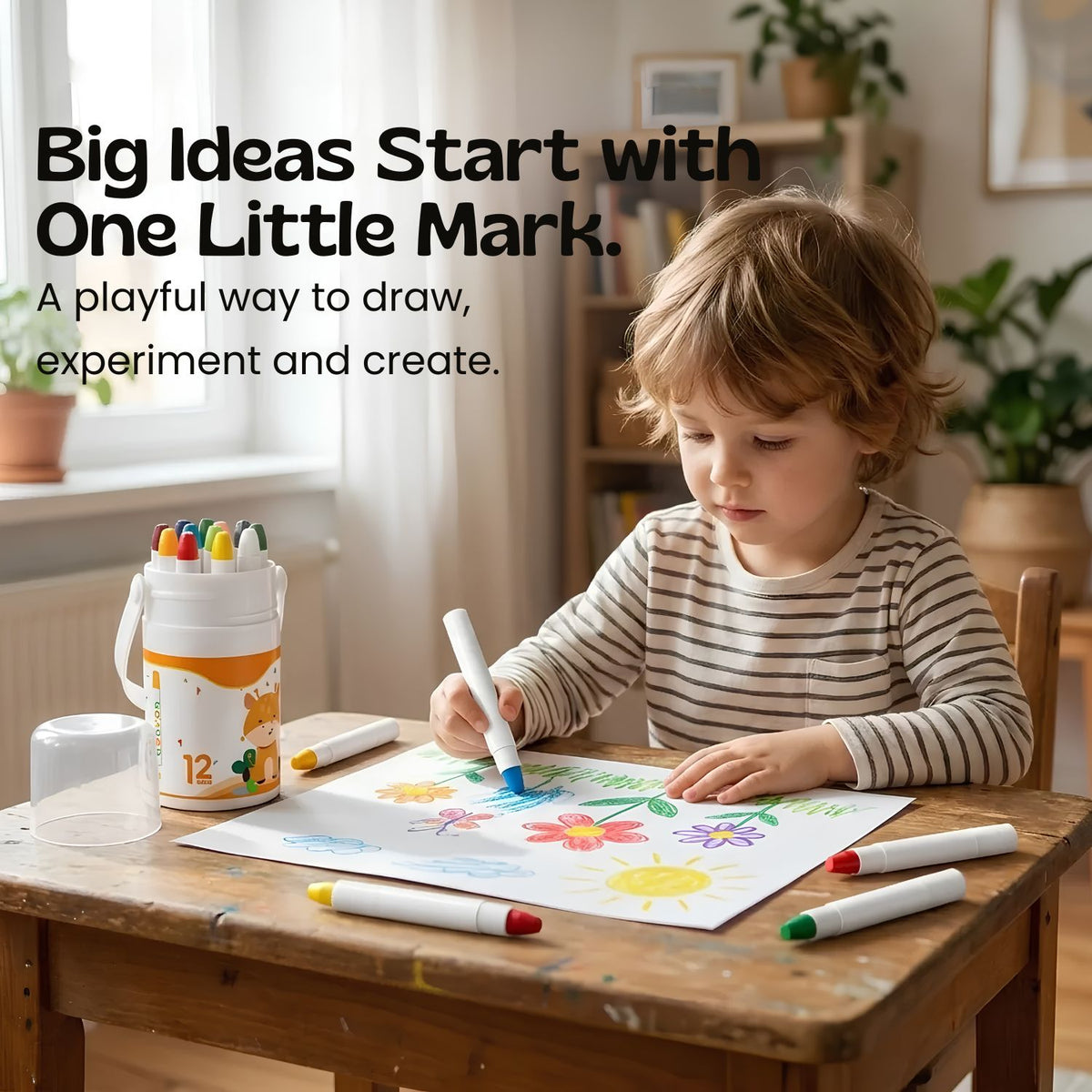 A child colouring with the TibaToes silky twist-up crayons