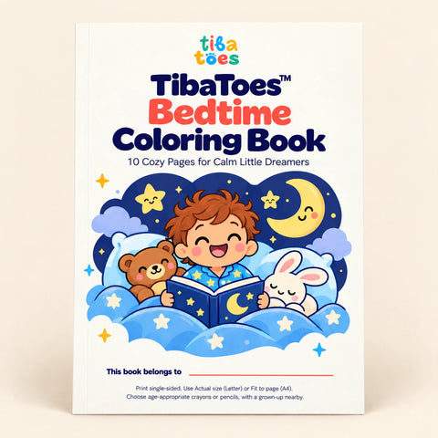 TibaToes™ Bedtime Coloring Book, product on a clean warm beige background.