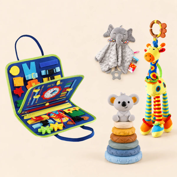 Dinosaur Blue busy board with a grey elephant snuggle blanket, blue-neck yellow giraffe rattle and six-ring koala stacking tower on a pale beige background.