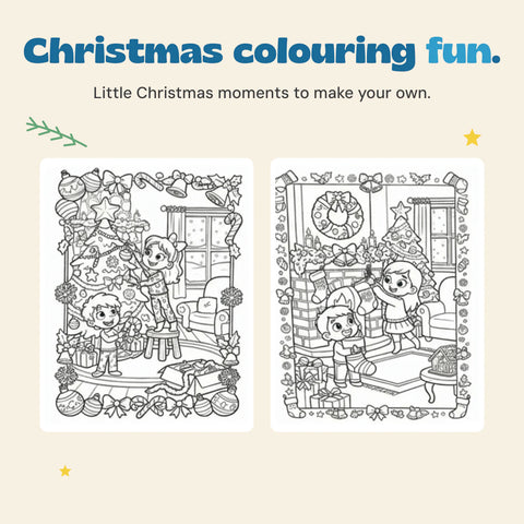 Two actual Christmas colouring page previews from the current product listing, with a small evergreen branch and warm gold stars on beige.