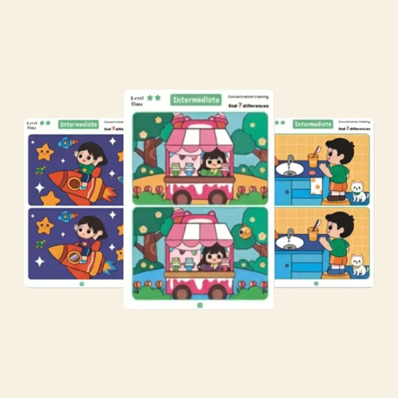 Intermediate find-the-difference option with three unchanged puzzle examples, 11 cards, 22 puzzles, and 7 differences per puzzle.