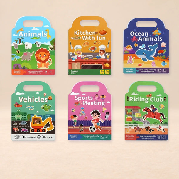 TibaToes™ PuffyScene Reusable Sticker Book shown in a warm beige studio with realistic depth.