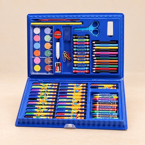 MegaArtist 86-Piece Creative Art Set. Clean product photograph on a warm beige studio surface.