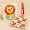 Mini Match and Play Gift Bundle with a Lion wooden puzzle, Orange Color and Shape board and Safari Spin and Match toy on a warm beige studio surface.