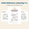 Actual Halloween Coloring Book cover with pumpkin and cottage colouring pages on a calm beige background.