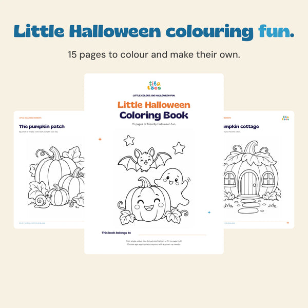 Actual Halloween Coloring Book cover with pumpkin and cottage colouring pages on a calm beige background.