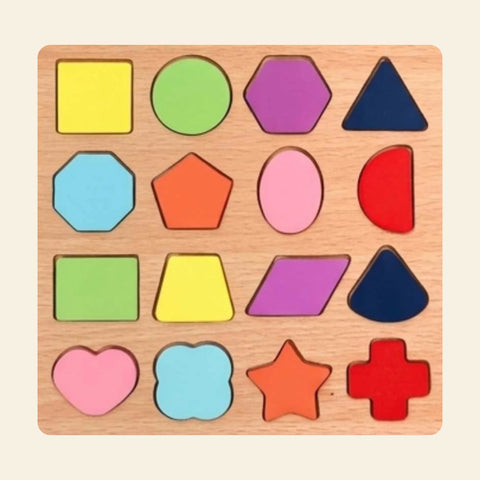 The Shapes wooden puzzle with sixteen original colourful pieces on warm beige.