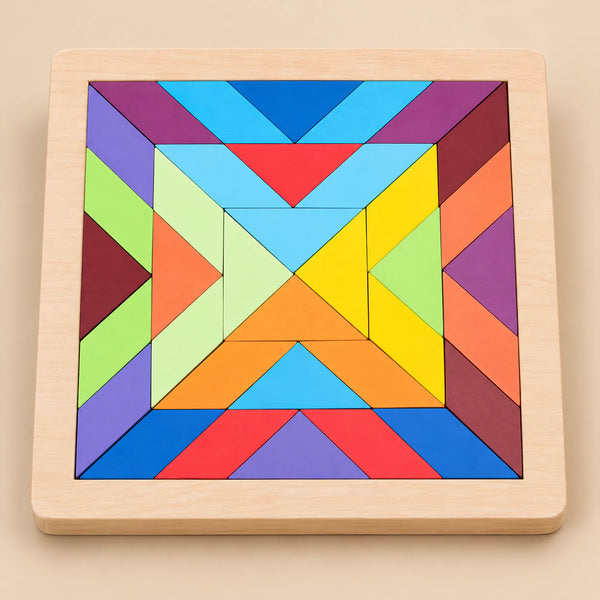 TibaToes Rainbow Mandala Puzzle Blocks, Rainbow Square Puzzle in its wooden tray