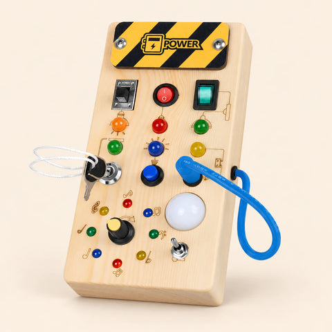 Wooden Montessori Switch Board with coloured lights, rocker switches, a dial, blue cable and tethered keys on a pale beige background.