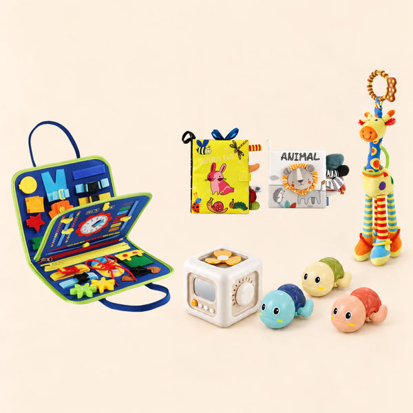 Dinosaur Blue busy board with a busy cube, Garden Fun cloth book, Animal lion soft book, giraffe rattle and three turtle bath toys on a pale beige background.