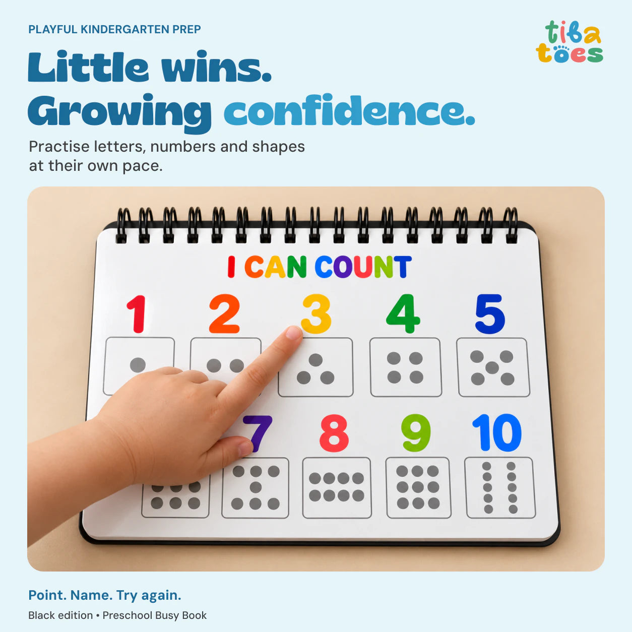 Black Preschool Busy Book: a child practises counting. Little wins. Growing confidence. Playful kindergarten preparation.