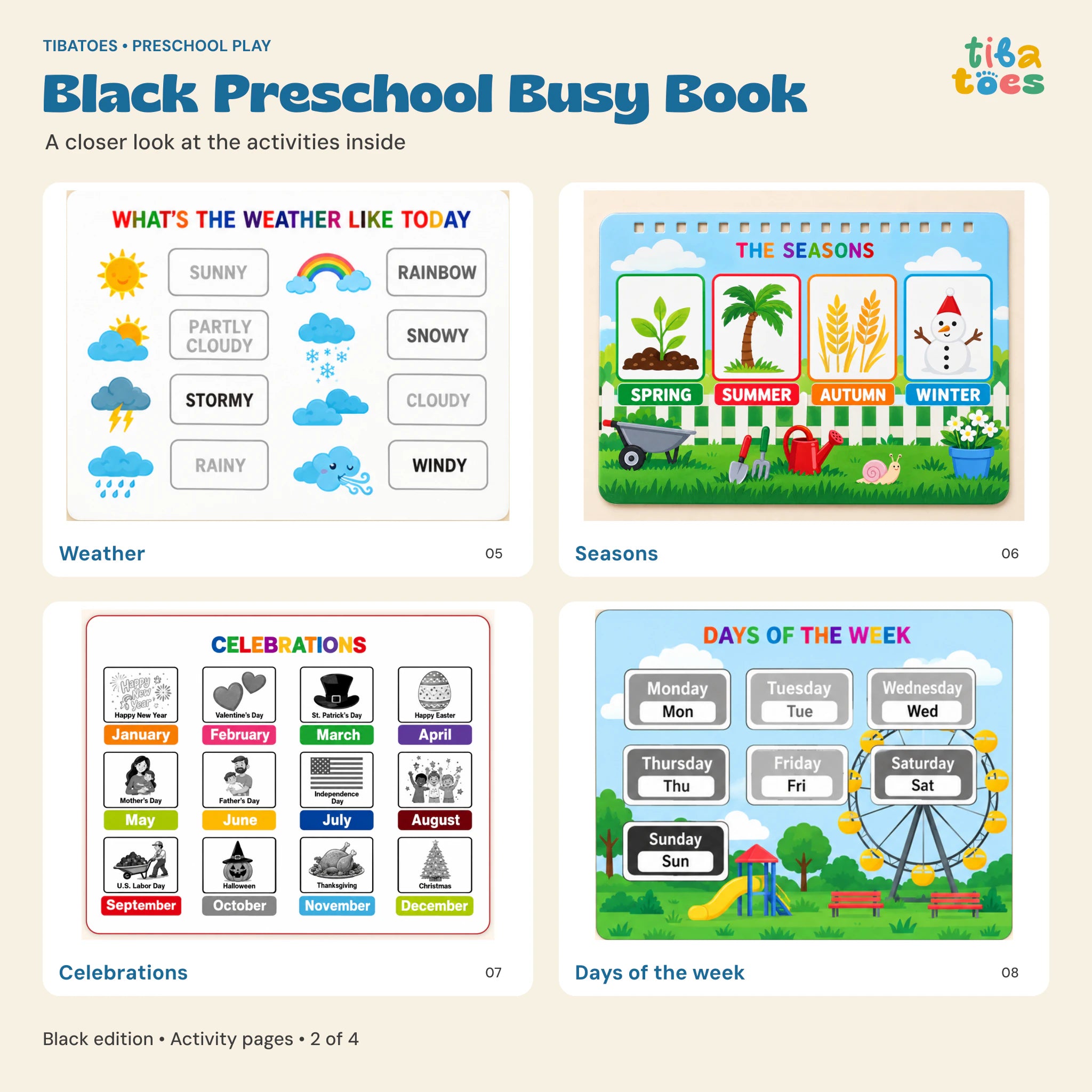 Black Busy Book weather, seasons, celebrations and days of the week pages