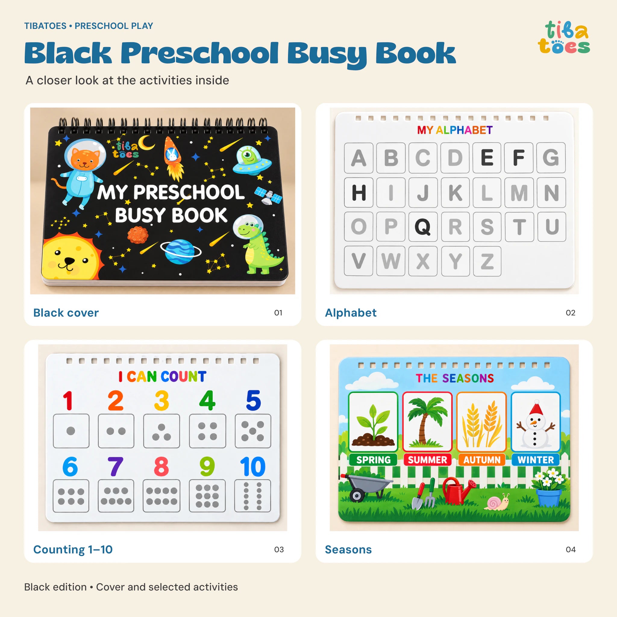 Black Preschool Busy Book cover with alphabet, counting and seasons activities