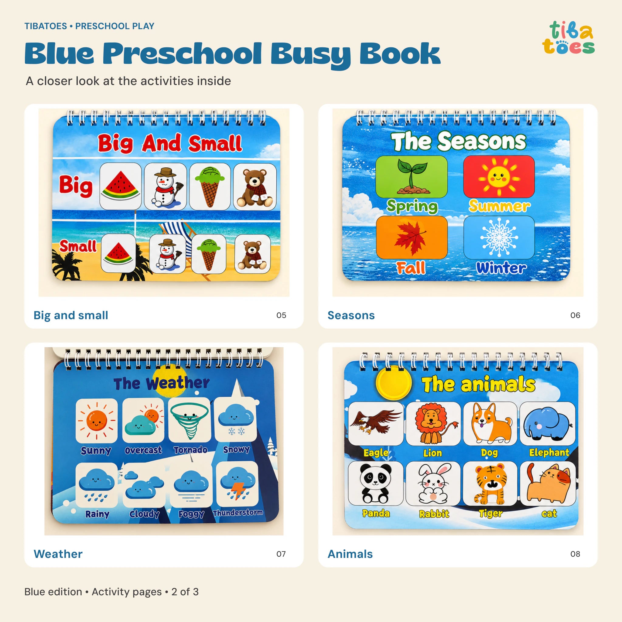 Blue Busy Book big and small, seasons, weather and animals pages