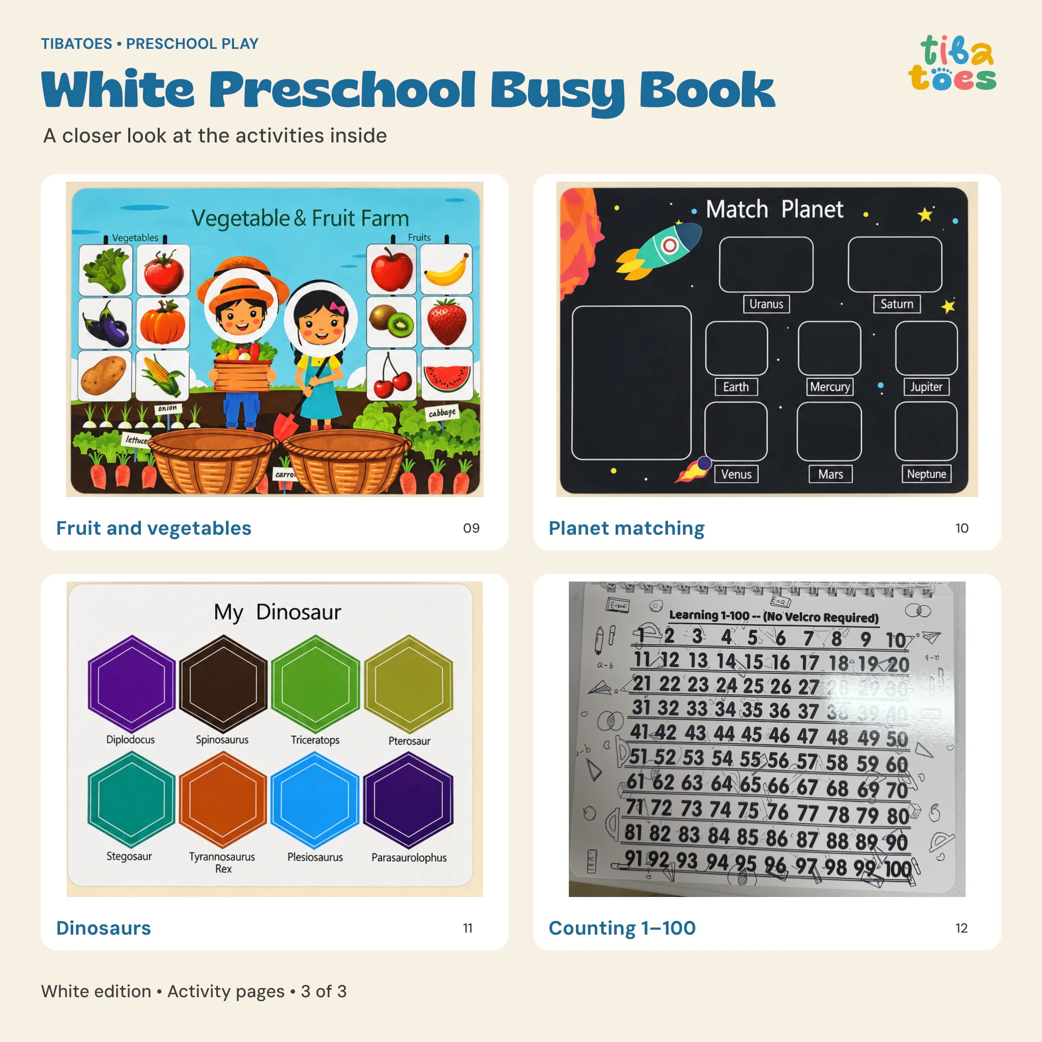 White Busy Book fruit and vegetables, planets, dinosaurs and counting to 100 pages