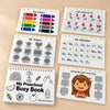 White TibaToes Preschool Busy Book cover beside five interior pages showing colours, counting, shapes, alphabet and parts of the face on a warm beige studio surface