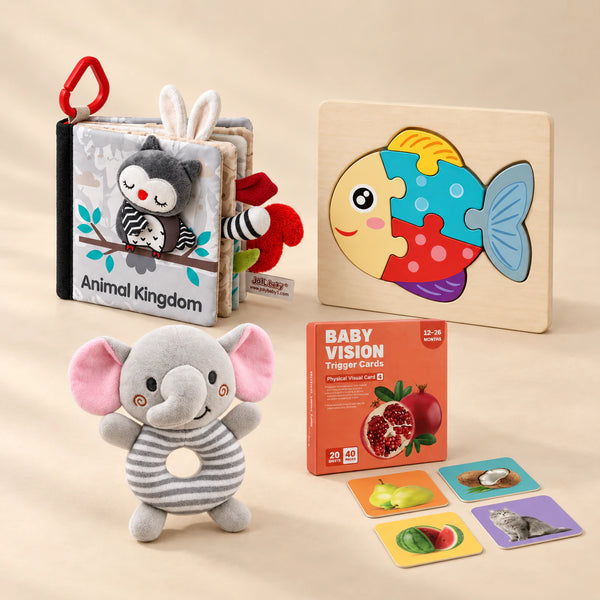 Little Learner Bundle with Animal Kingdom cloth book, fish puzzle, elephant rattle and high-contrast cards on a beige studio surface.