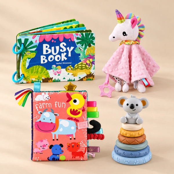 After-School Calm-Down Kit with its matching toys and books arranged together on a softly lit warm beige studio surface.