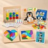 Logic and Problem Solving Bundle with sliding colour board, penguin mosaic puzzle, wooden shape puzzles and difference cards on a beige studio surface.