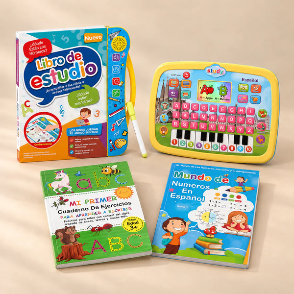 Bilingual Head Start Bundle with Spanish learning tablet and three activity books on a warm beige studio surface