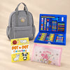 First Backpack Bundle with a grey bear-patch backpack, blue art case, pink Melody pouch and yellow animal dot-to-dot book.