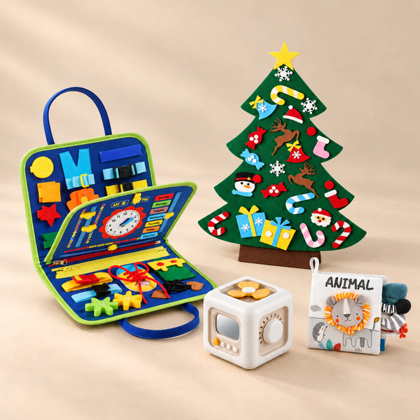 TibaToes™ Christmas Wonder Play Bundle with Dinosaur Blue products arranged on a warm beige studio surface.