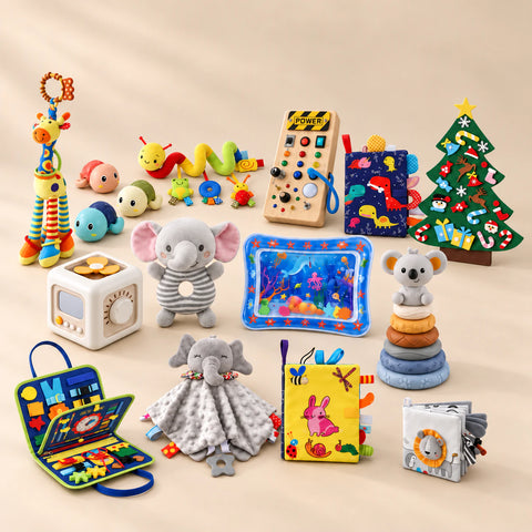 TibaToes™ Ultimate Christmas Play Bundle with Dinosaur Blue products arranged on a warm beige studio surface.
