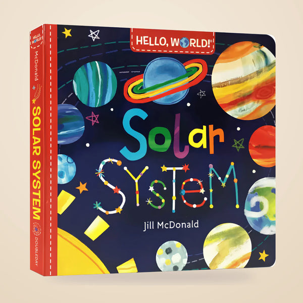 Hello, World! Solar System board book by Jill McDonald, with its original colourful cover on a warm beige background.