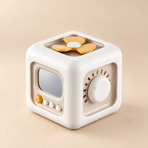 TibaToes Montessori Busy Cube in Off White/Yellow, showing its visible activity panels on a warm beige background.