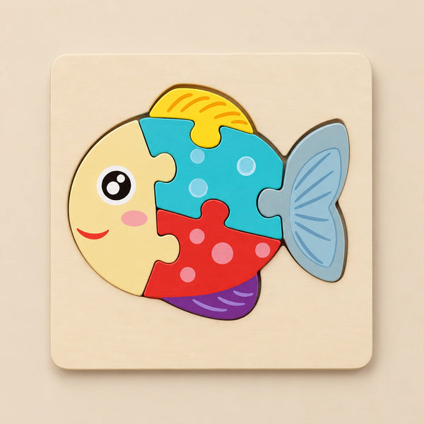 TibaToes Fish wooden puzzle assembled on its square wooden base against a pale warm beige background.