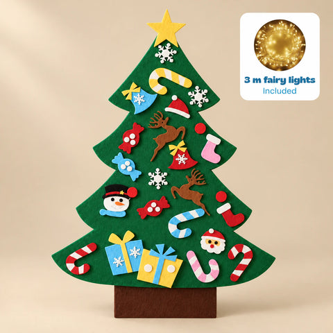 TibaToes felt Christmas Tree Play Set on a warm beige wall, with a badge showing the included 3 m fairy lights.