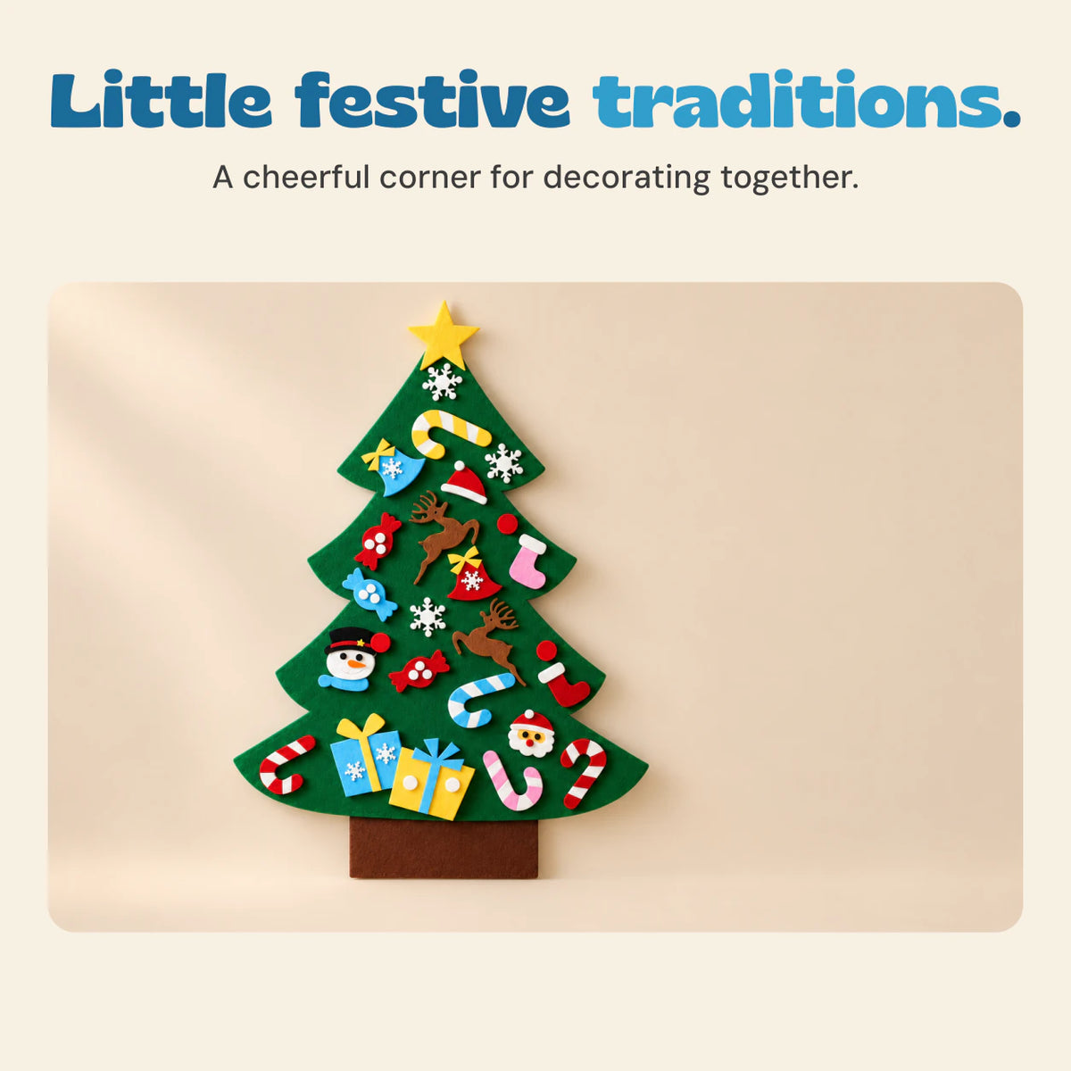 A child redecorating the TibaToes felt Christmas tree