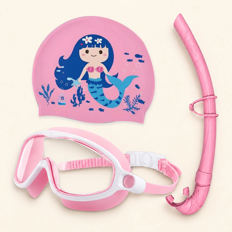 Mermaid Pink three-piece set with the original printed swim cap, matching goggles and separate curved snorkel, shown on warm beige.