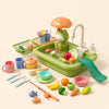 Froggy Wash Station toy sink with its matching tap, umbrella, slide, dishes, play food and fishing accessories on a warm beige background.
