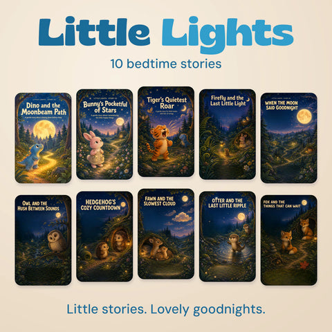Little Lights collection with all ten original bedtime story cover artworks. Little stories. Lovely goodnights.