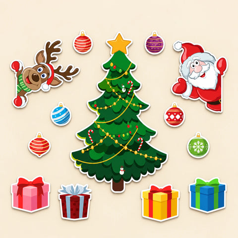 Christmas tree, Santa, reindeer, colourful baubles and gift magnets arranged on a light warm beige background.