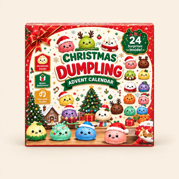 Classic Dumpling Calendar illustrated Christmas dumpling calendar box on a warm beige background.