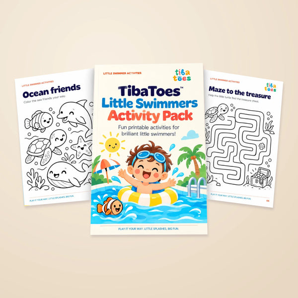 The actual Little Swimmers Activity Pack cover and two visible activity-page previews on a warm beige background.