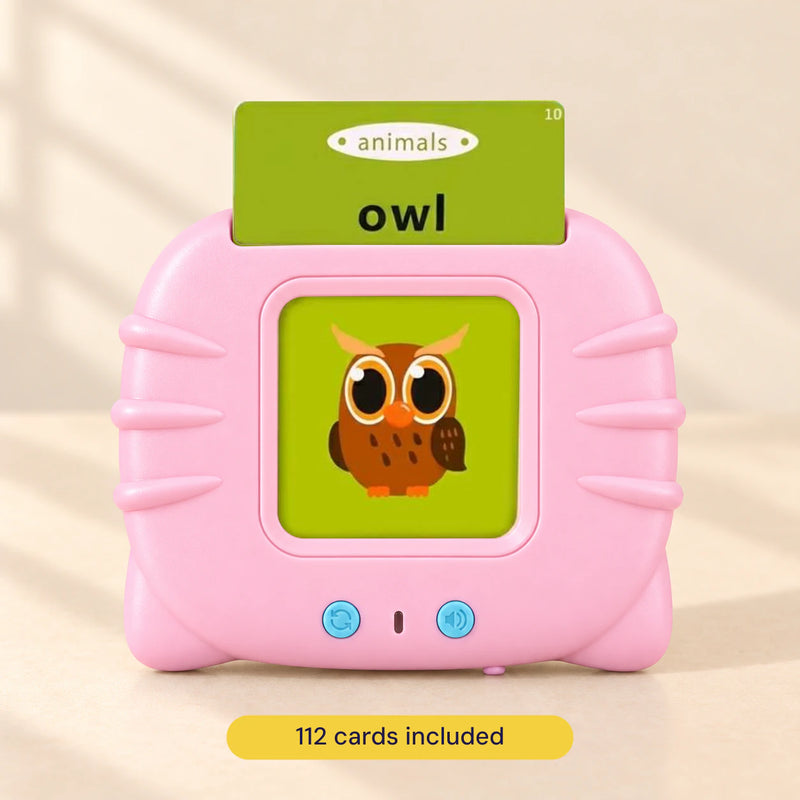 Pink talking flashcard reader showing the original animals owl card, with 112 cards included.