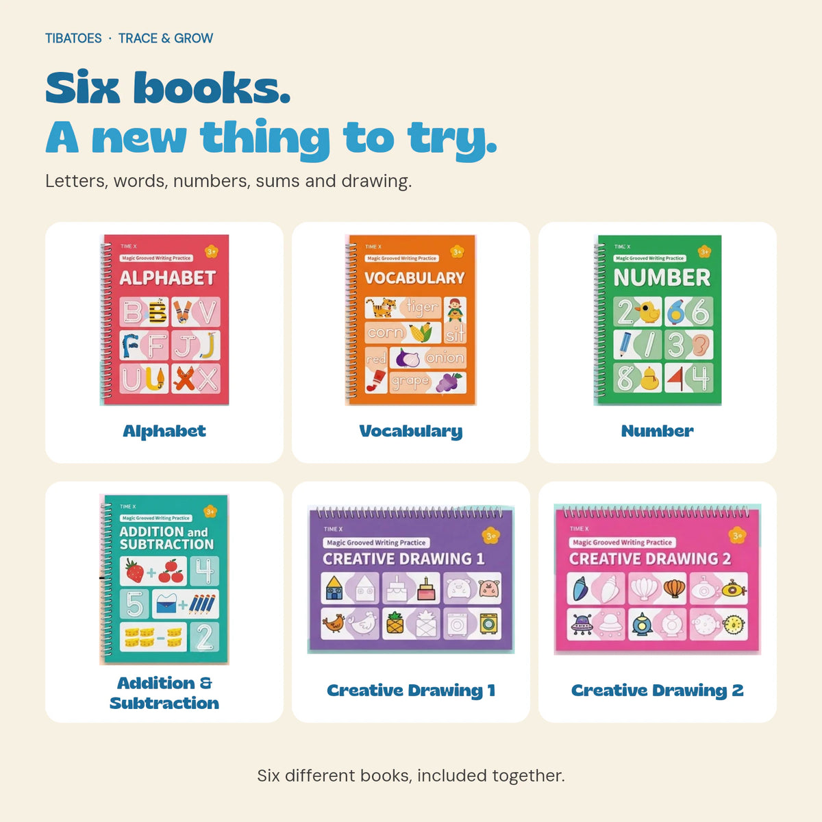 The six included writing and drawing workbooks with individual cover photographs and names.