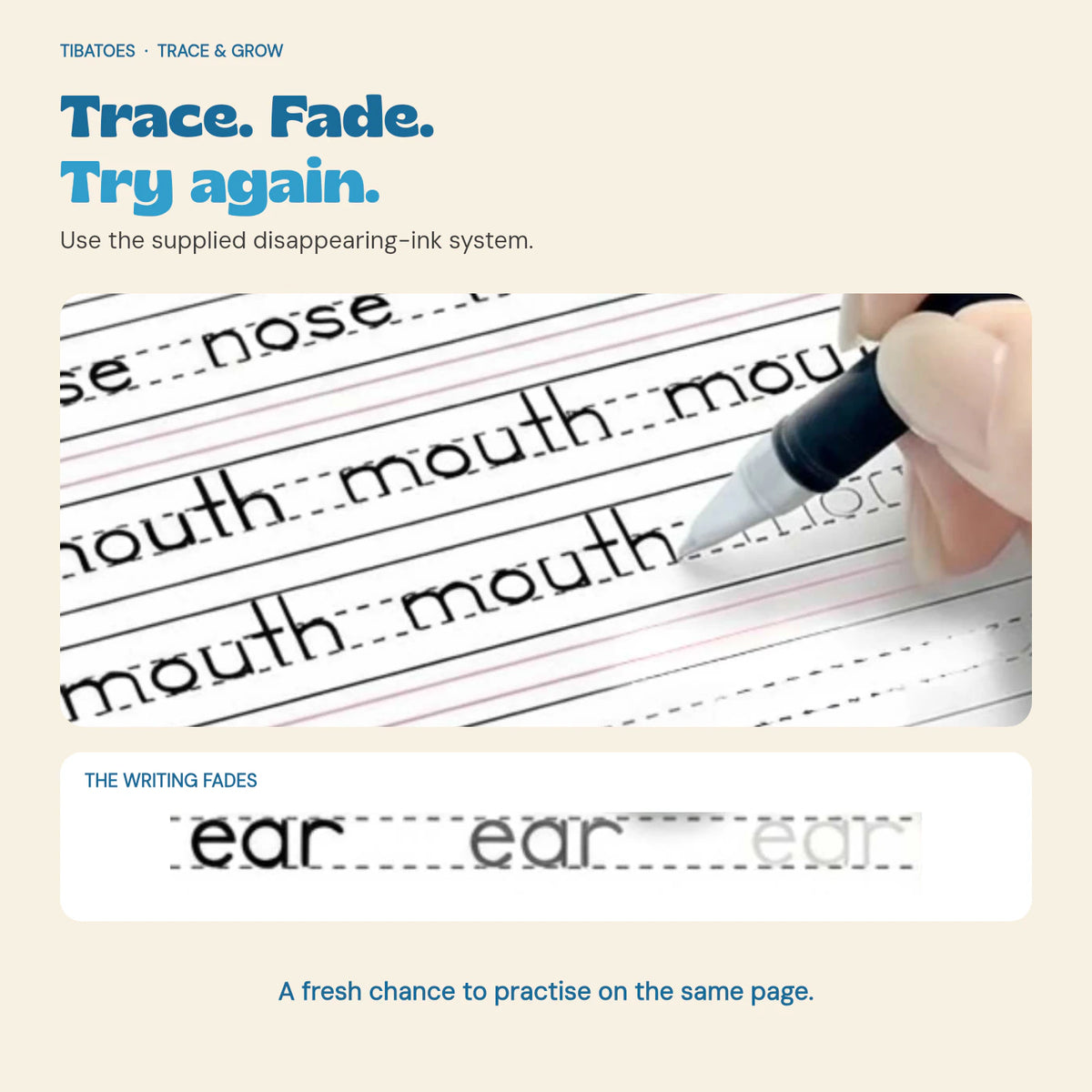 A pen tracing words with a three-stage example of disappearing writing.