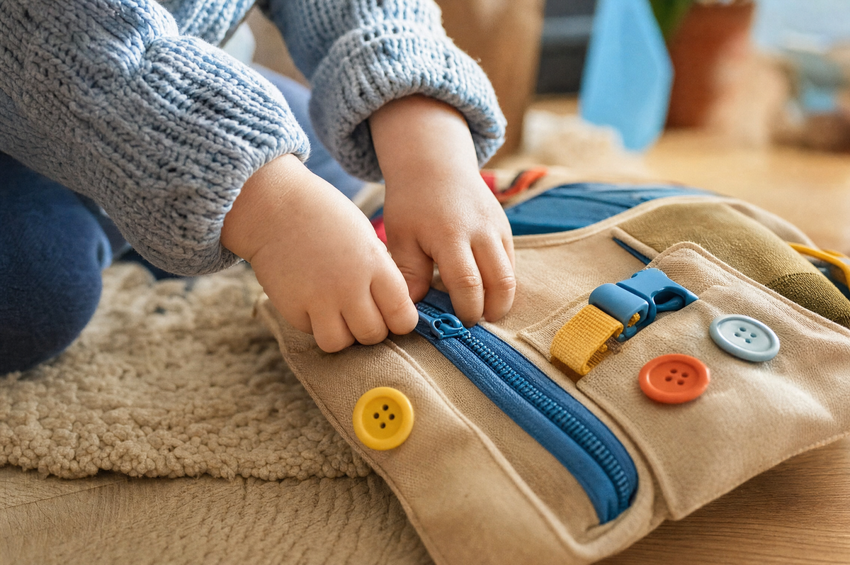 Toddler hands pulling a chunky zipper on a fabric activity toy with buttons and a buckle, practicing fine motor skills