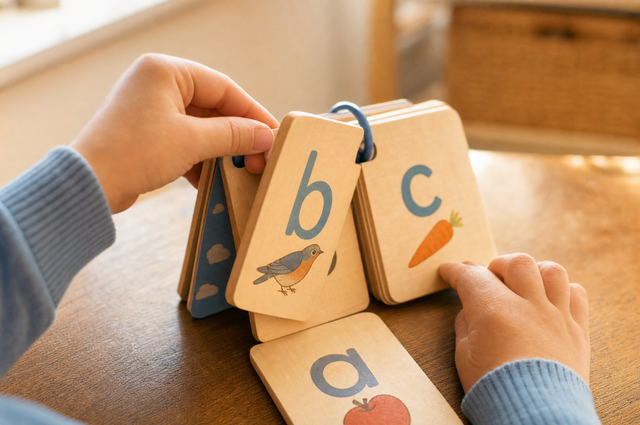 Young child's hands flipping the pages of a chunky wooden phonics flip book with large friendly letters