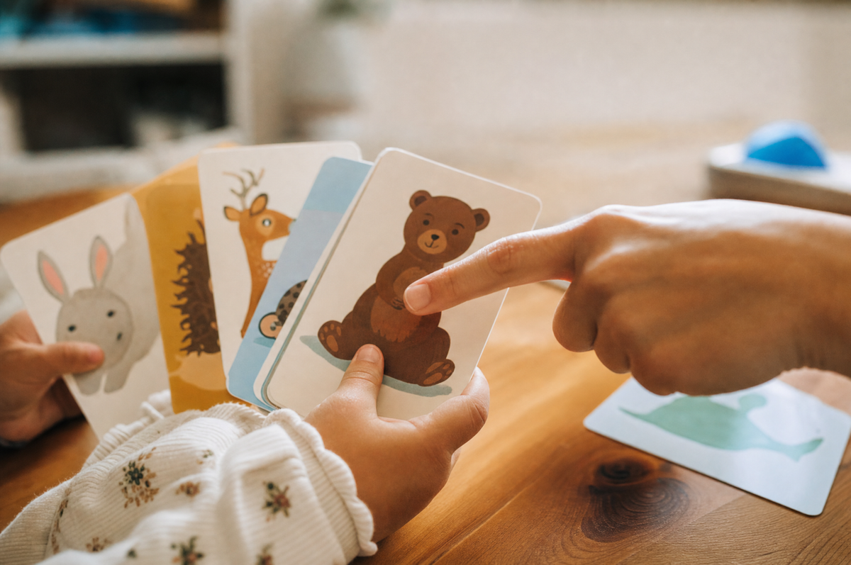 Toddler hands holding illustrated animal picture flashcards on a wooden table while a parent points at one