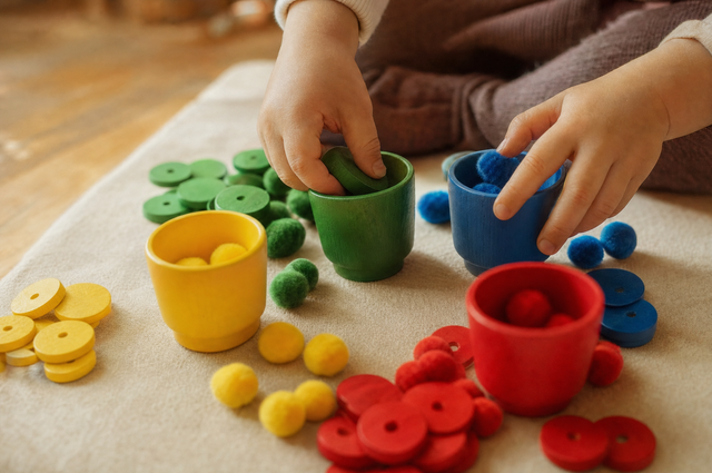 Toddler hands sorting colorful wooden discs and pom-poms into cups by color on a play mat