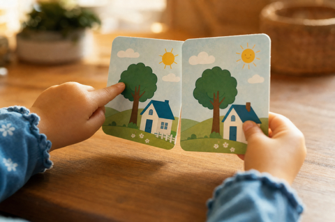 Young child's hands holding two similar picture cards and pointing at a small difference between them
