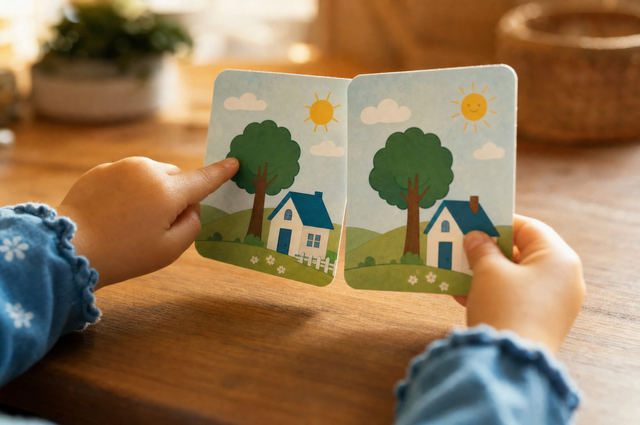 Young child's hands holding two similar picture cards and pointing at a small difference between them