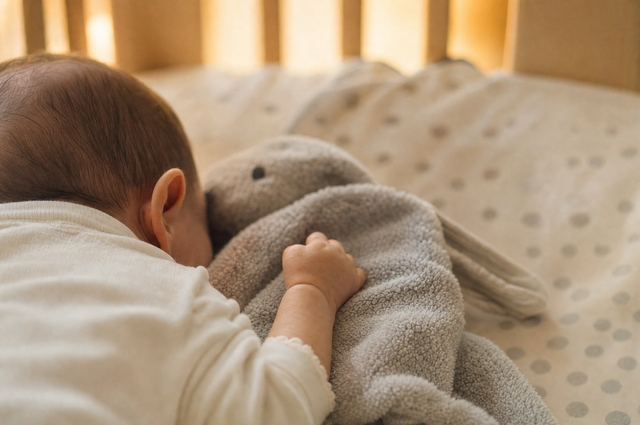 A baby's hand resting on a soft grey comfort blanket with a plush animal corner in a cozy crib
