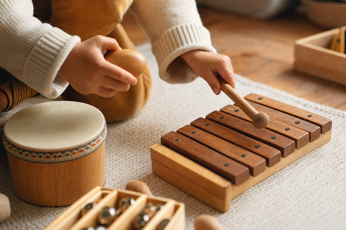 Toddler hands shaking a wooden egg shaker and tapping a small xylophone and drum on a play mat